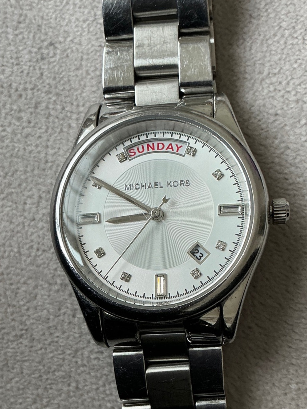 Michael Kors Silver White Dial Day-Date Bracelet Watch